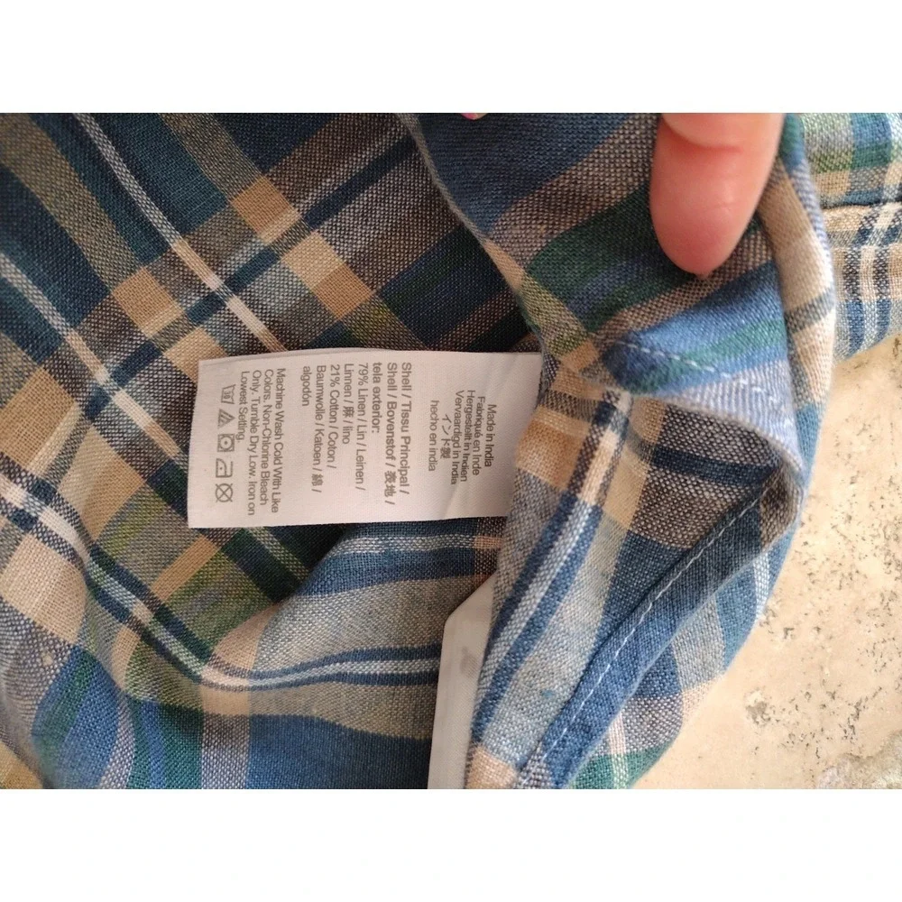 J. Crew Button Down Shirt Man‎ L Green Blue Plaid Short Sleeve Linen Blend Slim